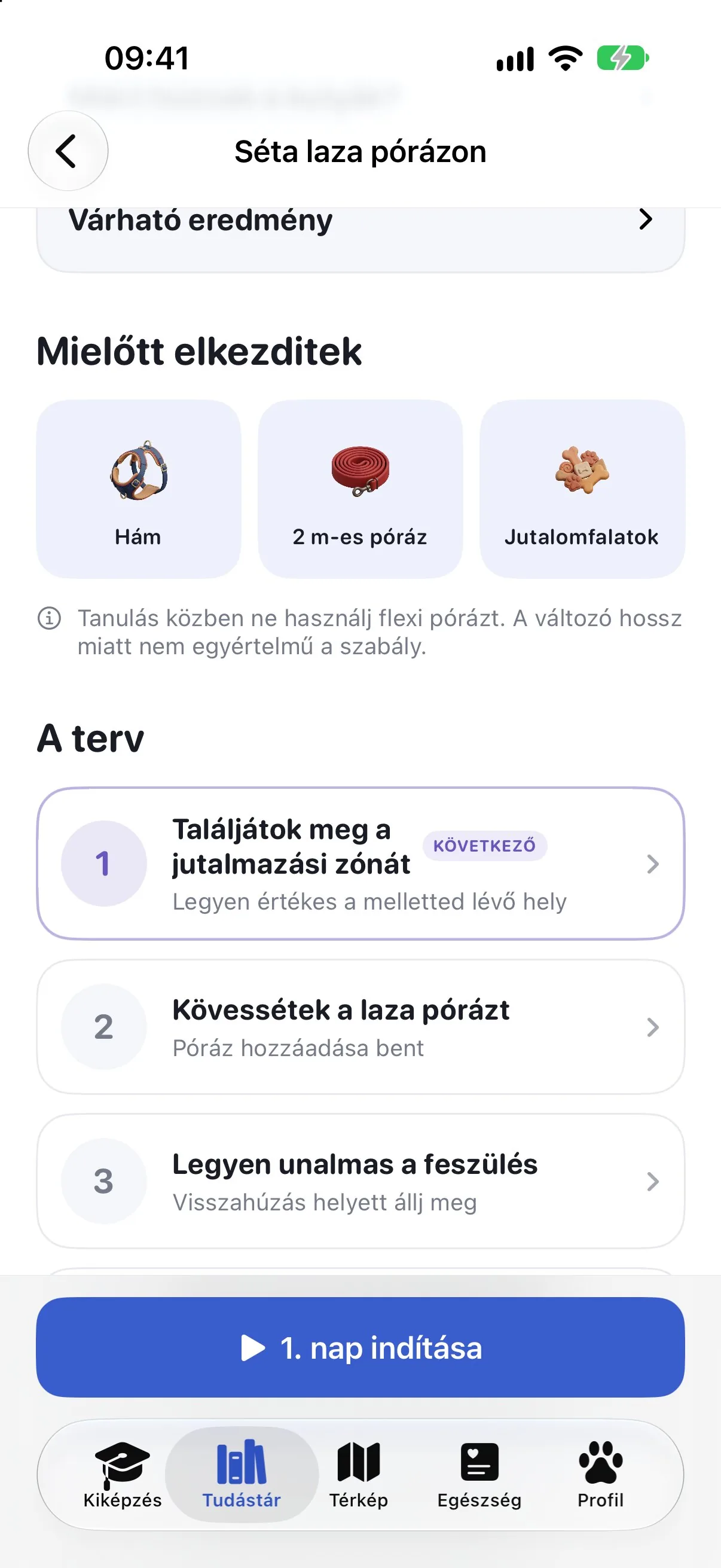 A Ruffy „Séta laza pórázon” terve a szükséges felszereléssel és az első napokkal