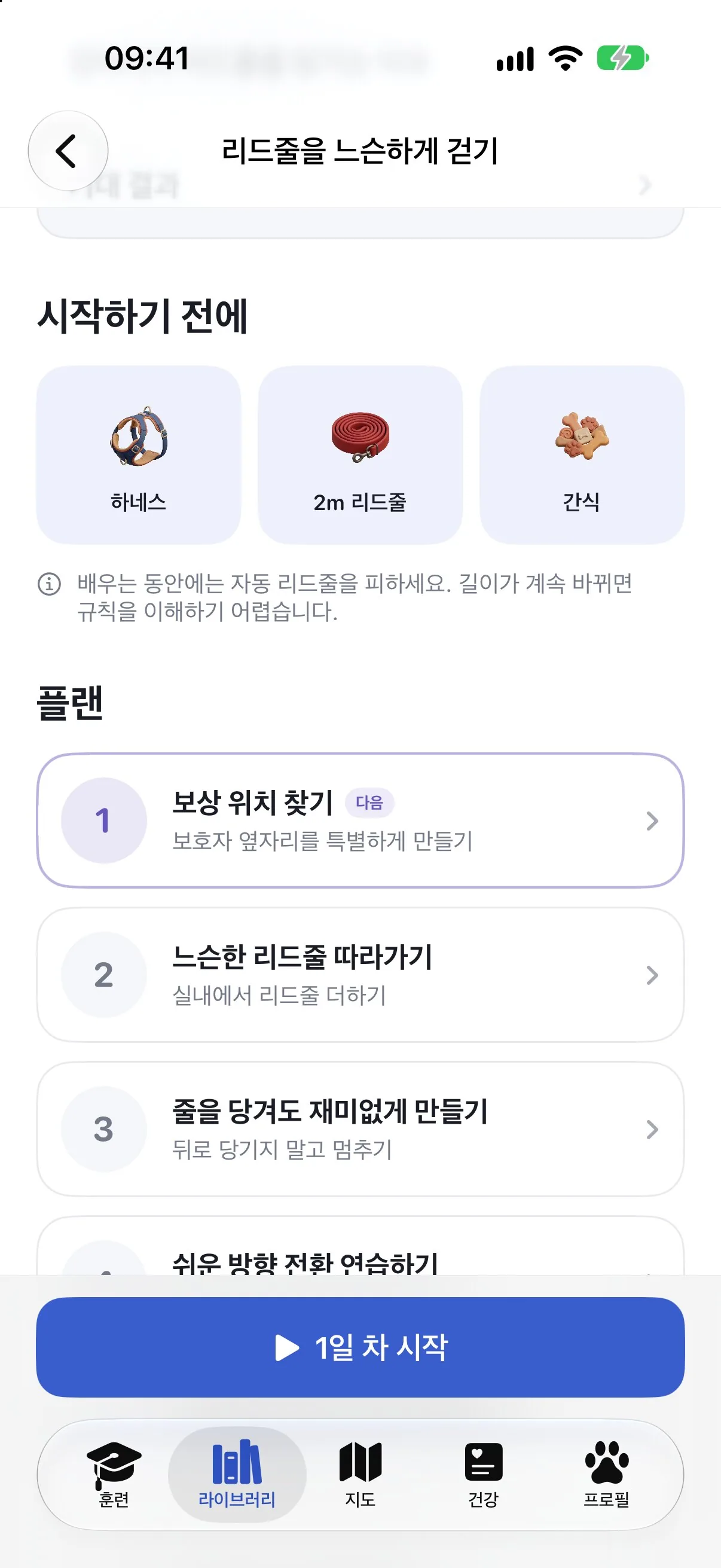 필요한 준비물과 첫 며칠이 보이는 Ruffy '리드줄을 느슨하게 걷기' 플랜