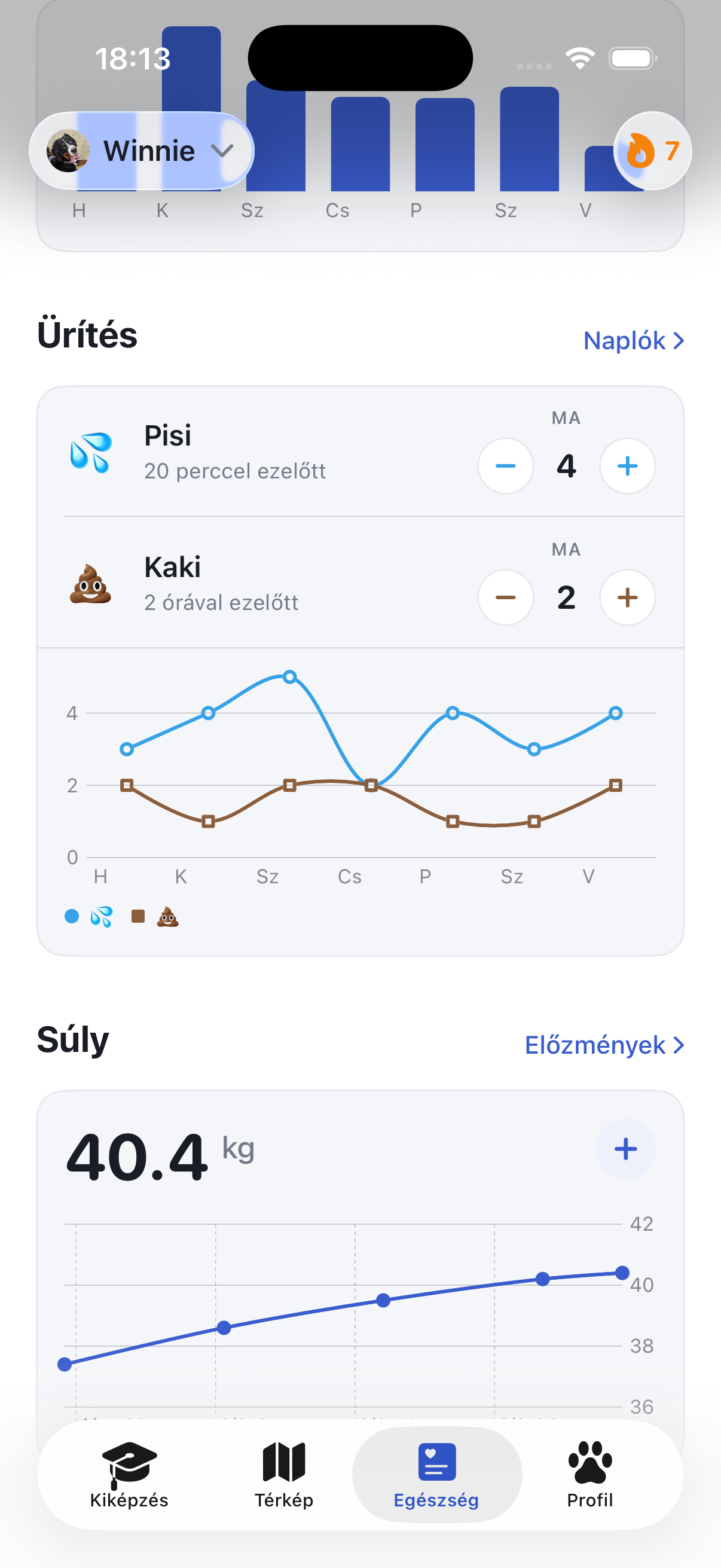 A Ruffy egészség képernyője súllyal és aktivitási grafikonokkal