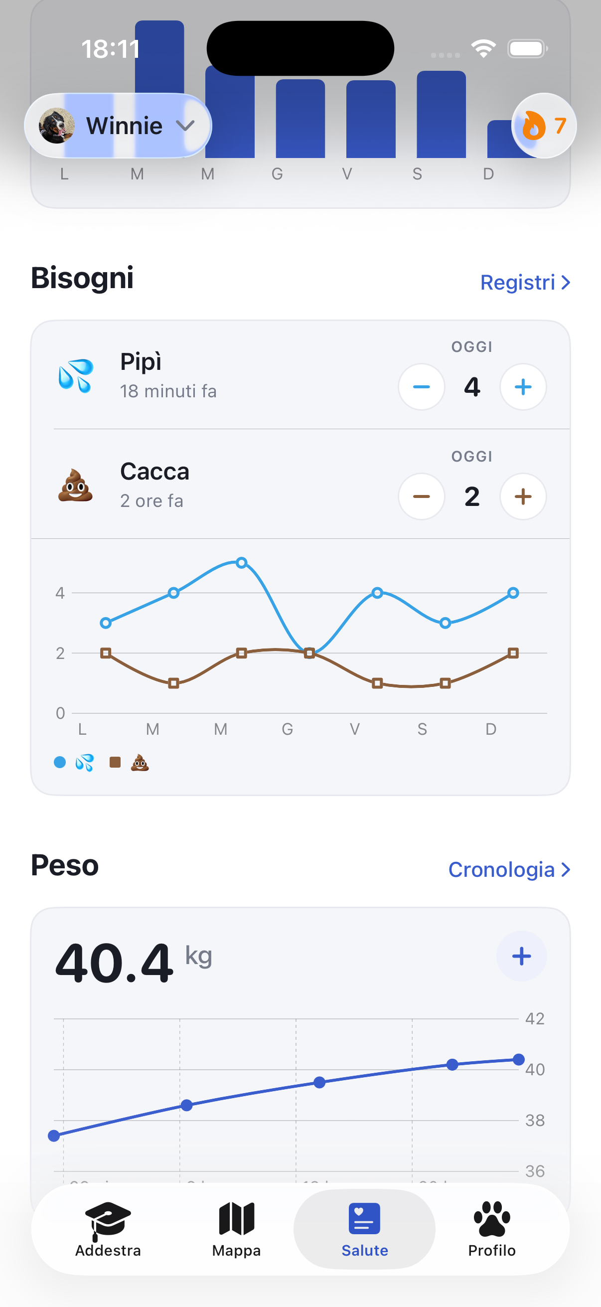 La schermata Salute di Ruffy con peso e andamento dell'attività