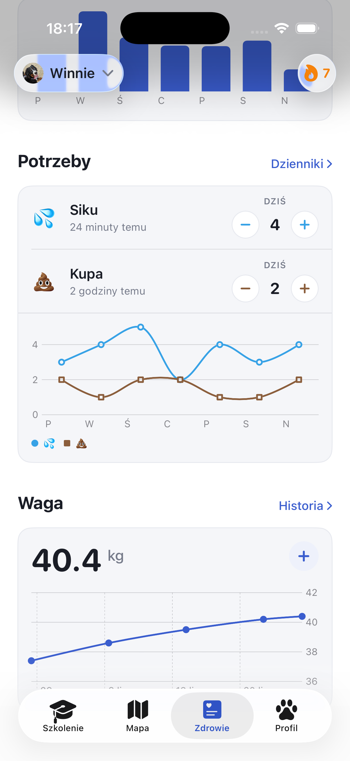 Ekran zdrowia w Ruffy z wagą i aktywnością