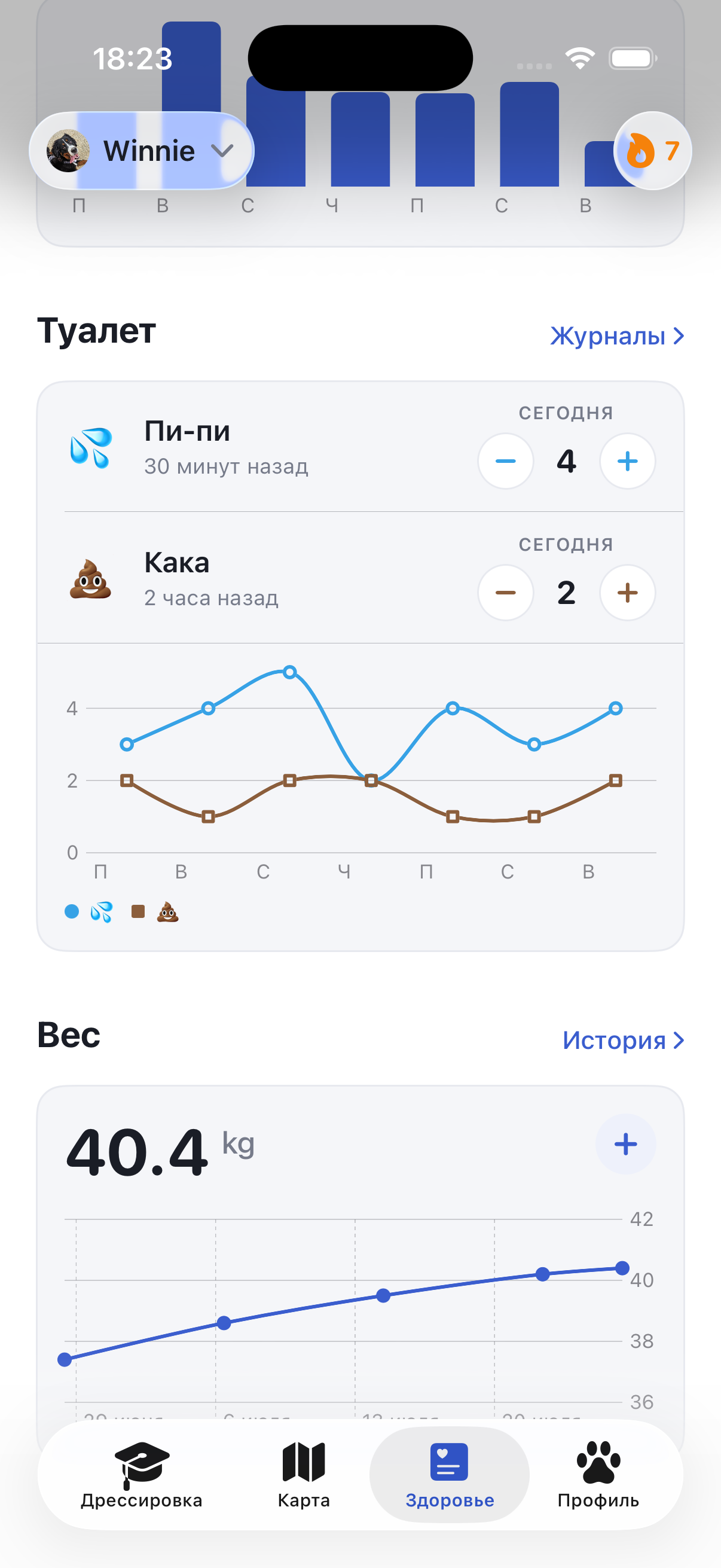 Экран здоровья в Ruffy: вес и активность