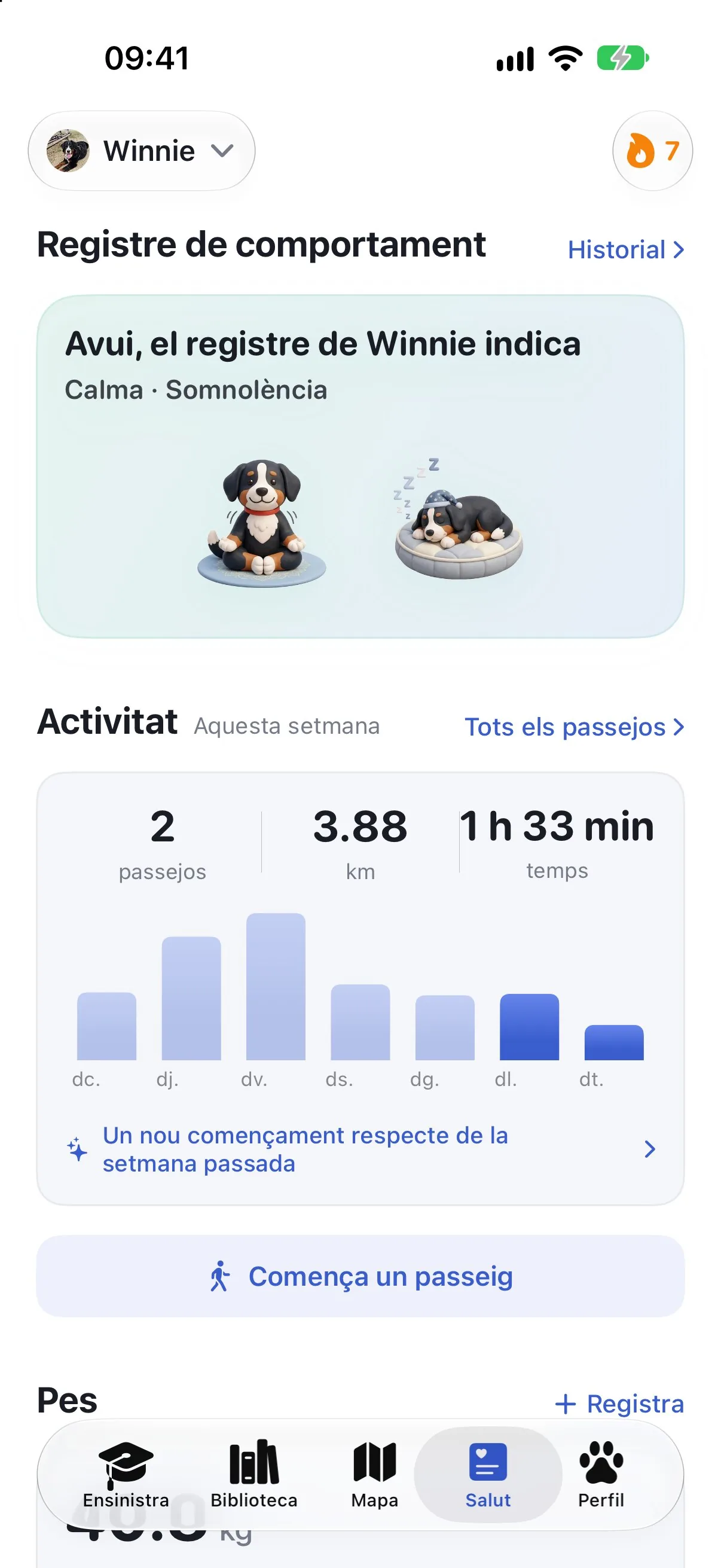 Pantalla de salut de Ruffy amb el registre de comportament i l'activitat de la setmana
