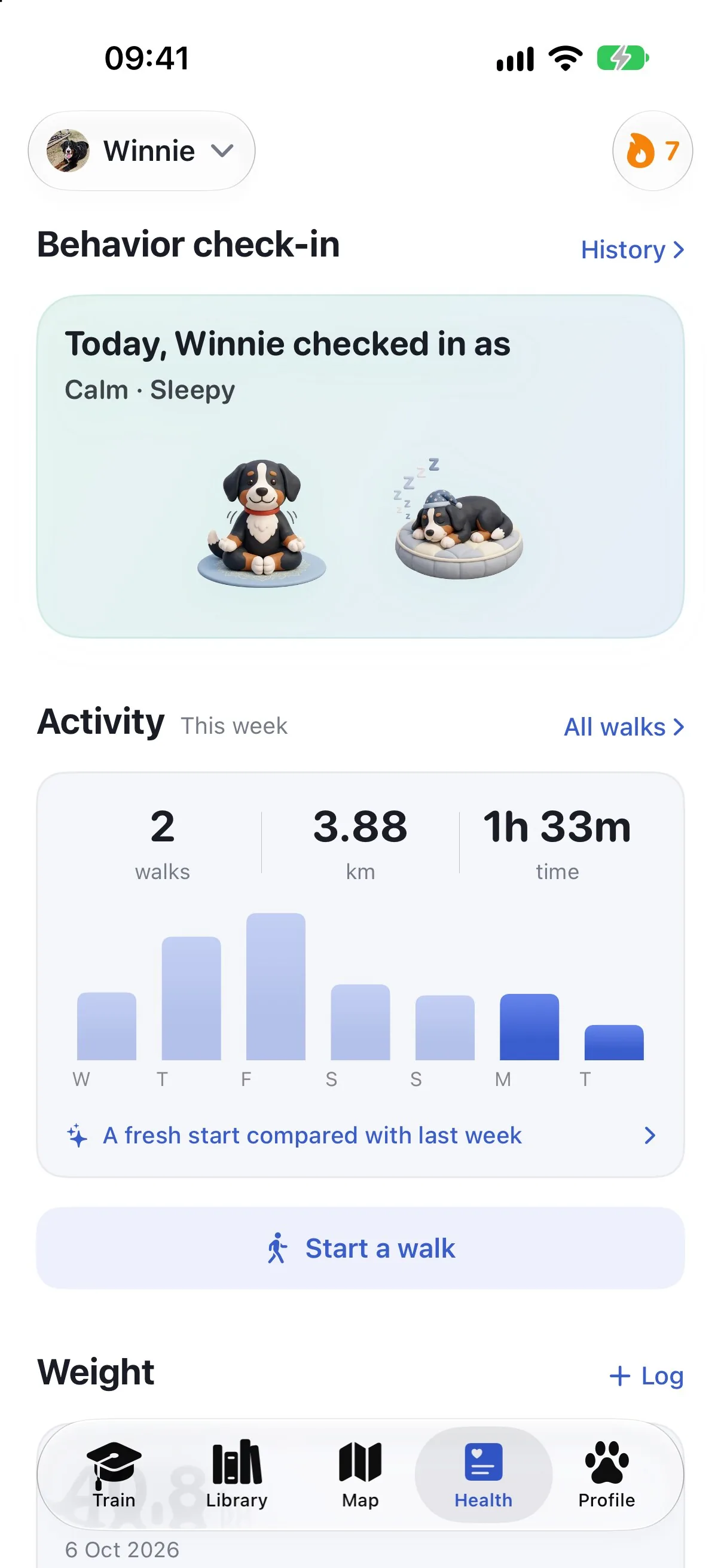 The Ruffy health screen with a behavior check-in and this week's activity