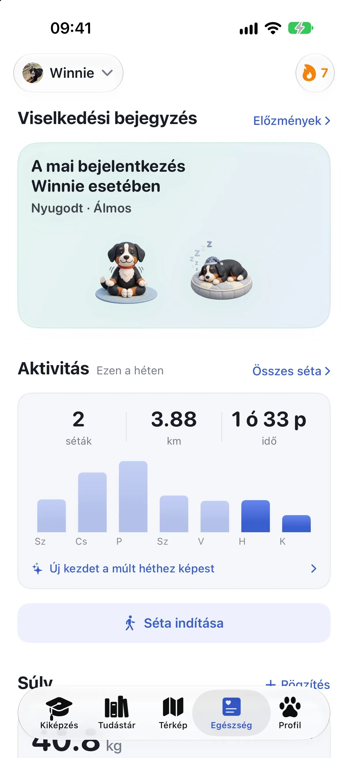 A Ruffy egészség-képernyője viselkedési bejegyzéssel és a heti aktivitással