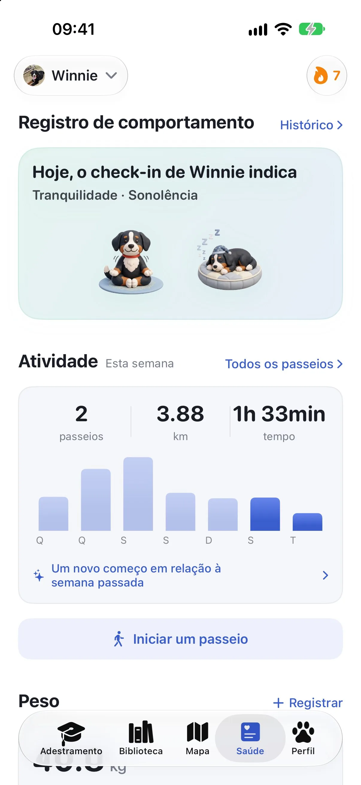 Tela de saúde do Ruffy com o check-in de comportamento e a atividade da semana