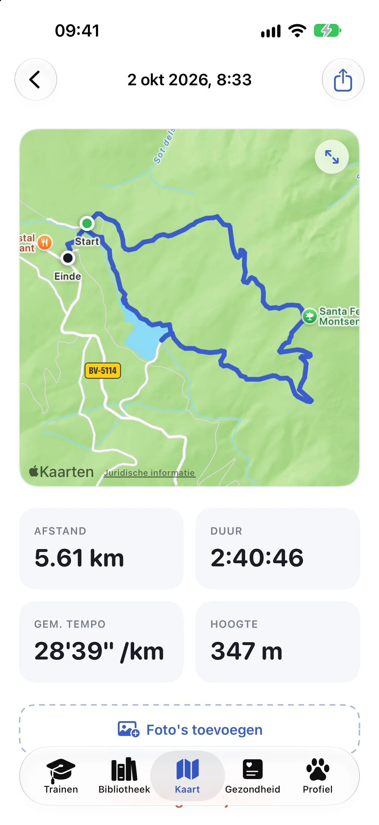 Een wandeloverzicht in Ruffy met de route op de kaart, afstand en tempo