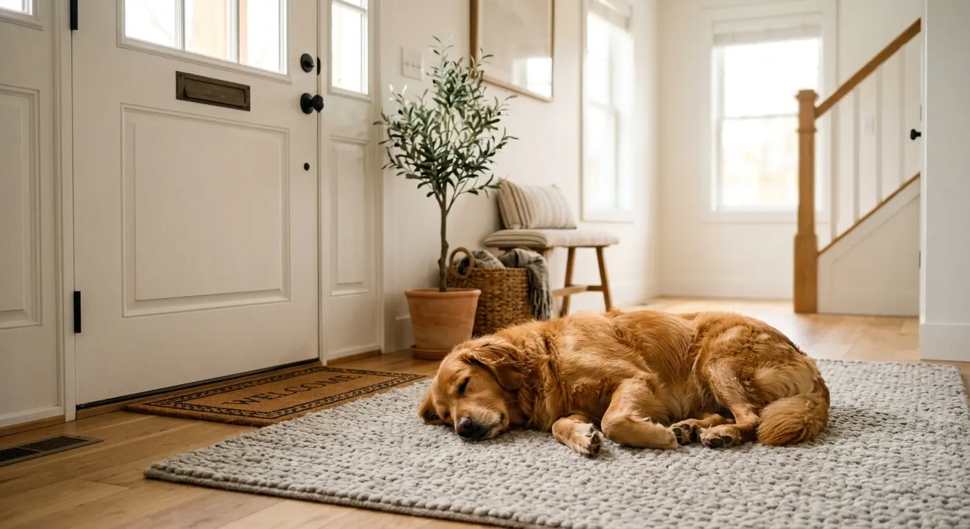 Aydınlık ve sessiz bir evde, giriş kapısının yanındaki halıda rahatça uzanmış sakin bir köpek
