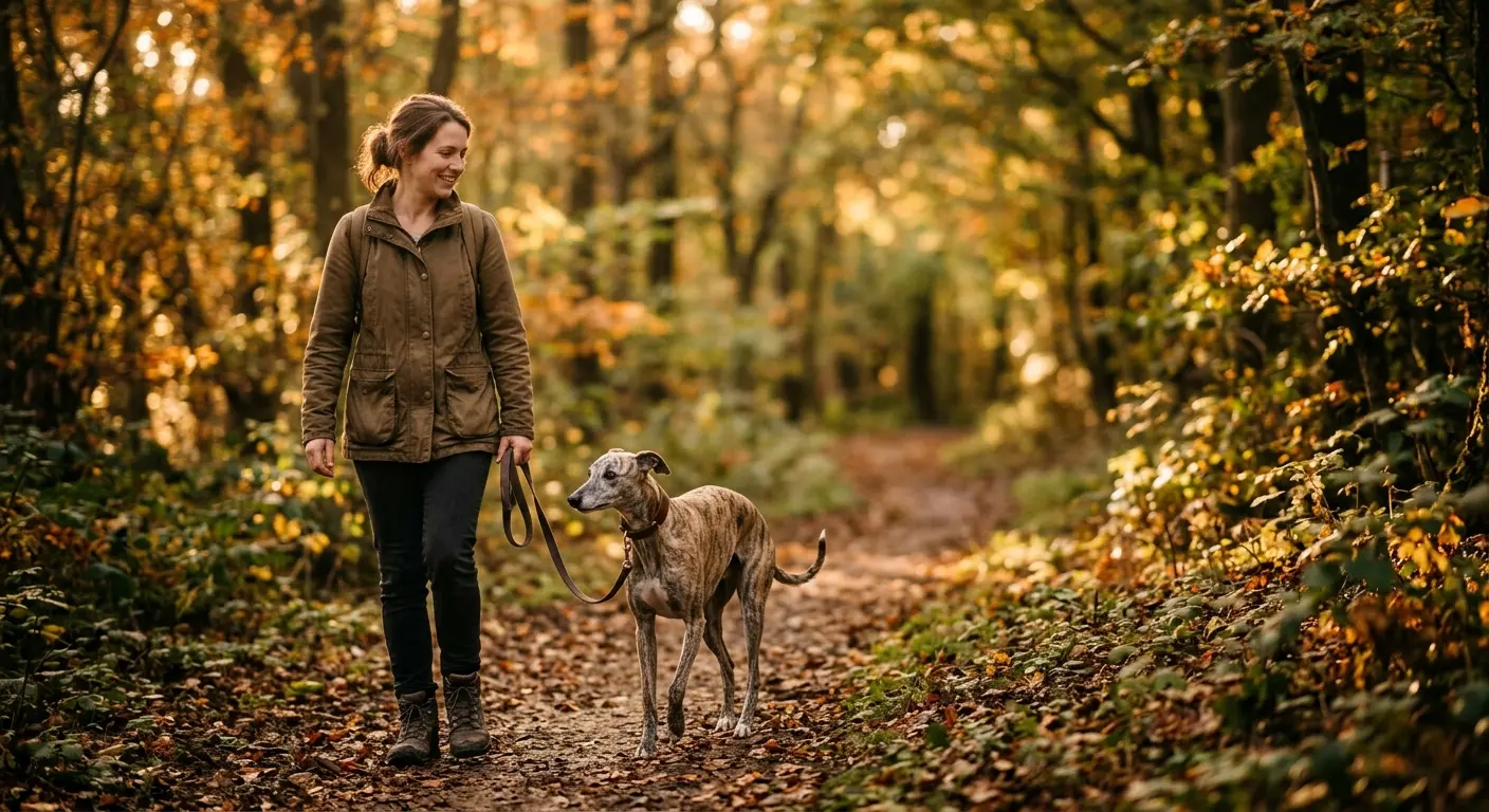 A brindle whippet walking with its owner on a leafy woodland trail at golden hour