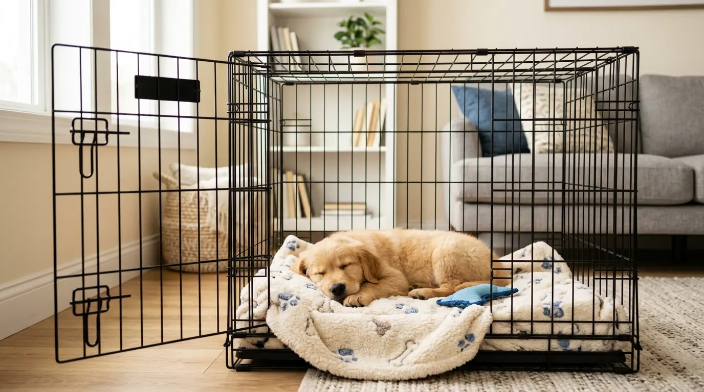 Ein entspannter Welpe liegt zufrieden in einer offenen Hundebox auf einer weichen Decke