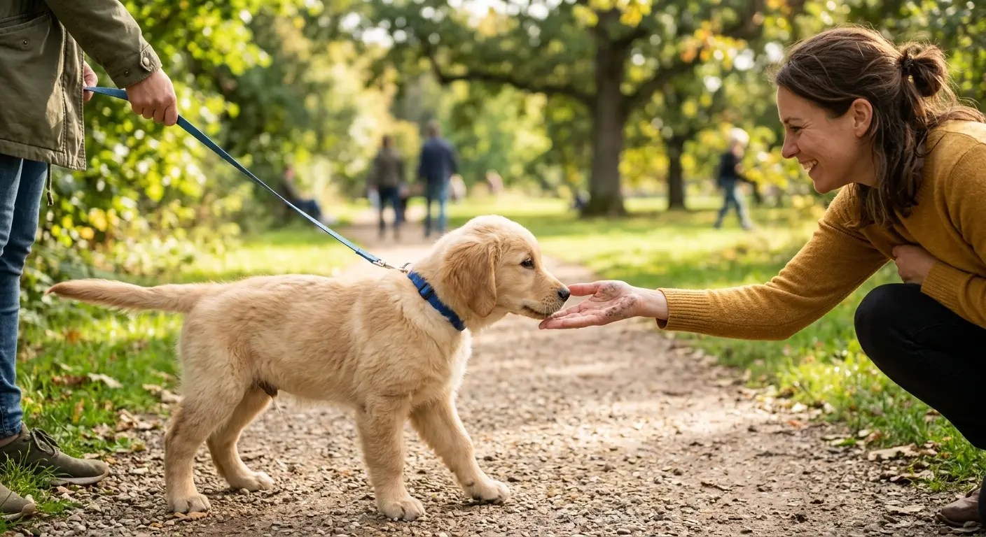 Sosyalleşme gezisinde yeni insanlarla, seslerle ve zeminlerle sakin sakin tanışan yavru köpek