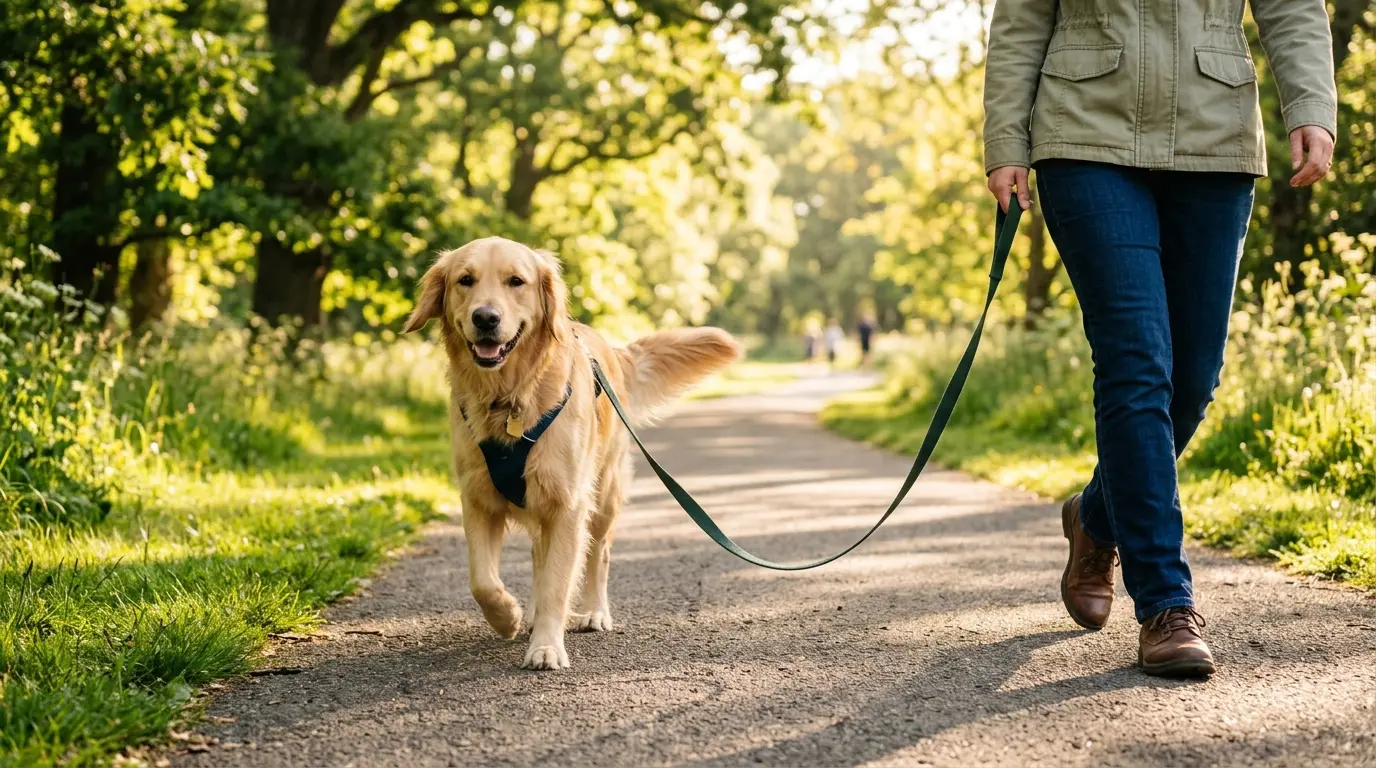 Ein Hund läuft ruhig an lockerer Leine neben seinem Besitzer auf einem sonnigen Weg