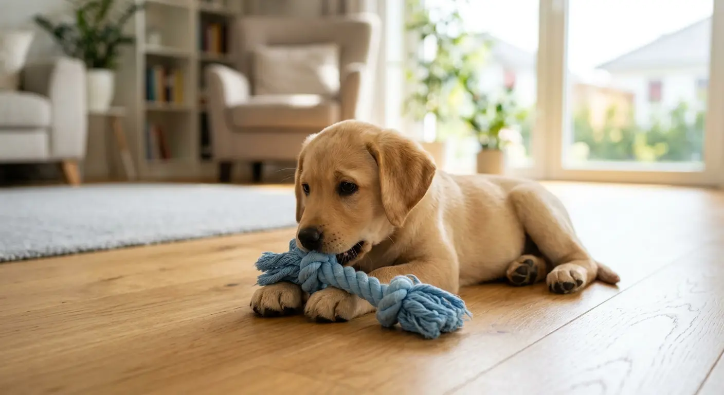 Aydınlık bir salonda, açık renk ahşap zeminde yumuşak bir ip oyuncağı nazikçe ağzına alan yavru köpek