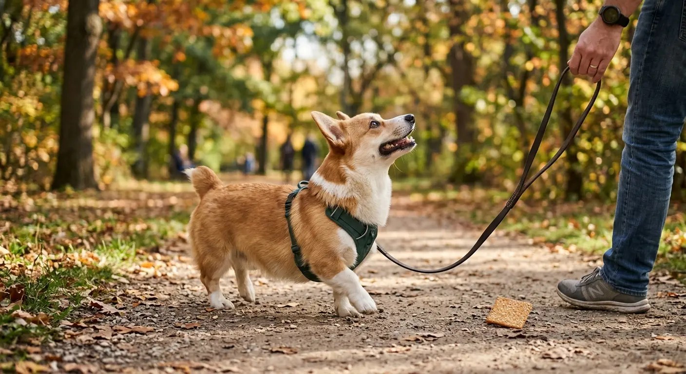 Gevşek tasmalı bir Pembroke Welsh corgi, park yolunda yere düşmüş bir yiyecek parçasının yanından geçerken sahibine bakıyor