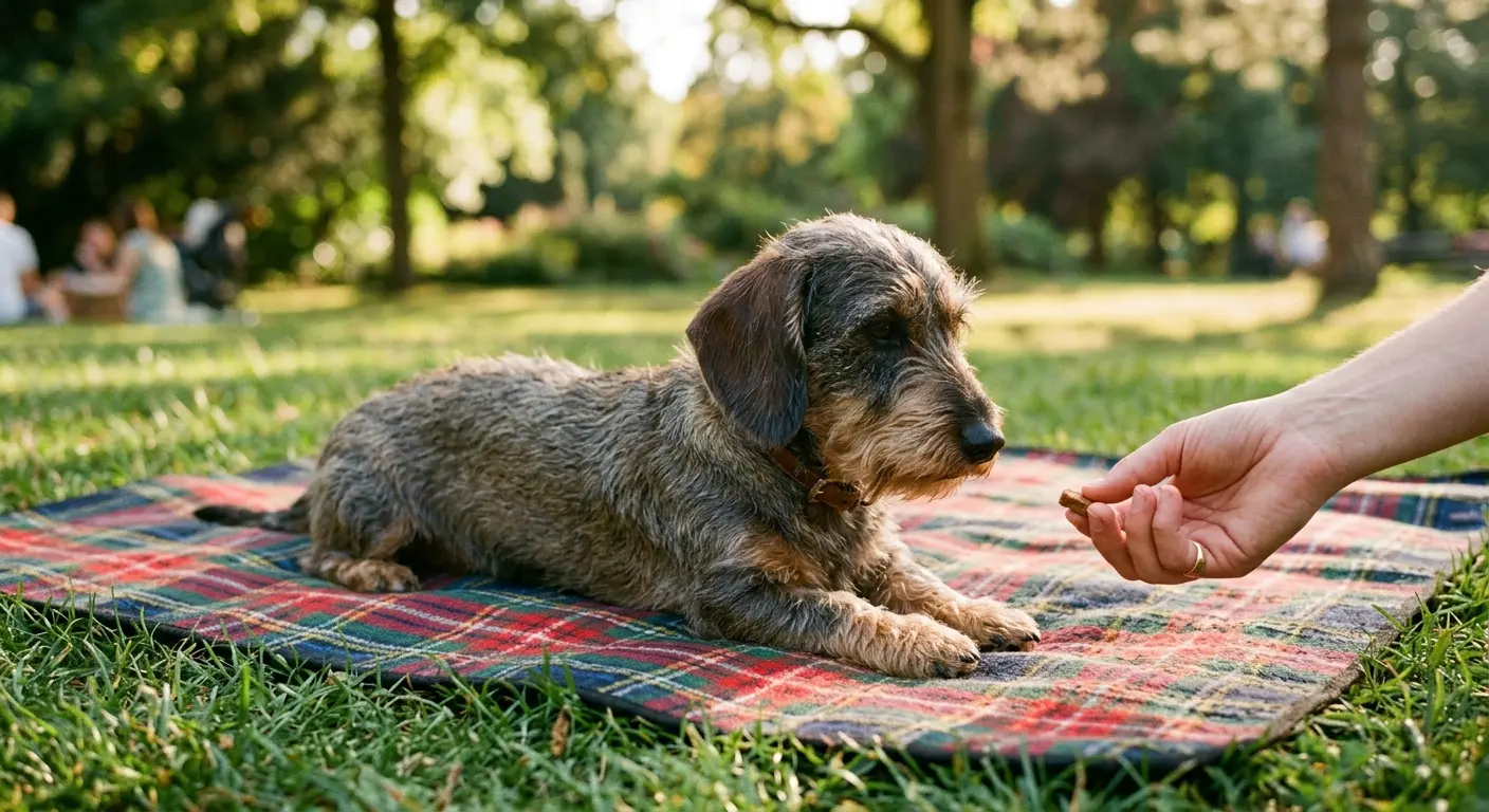 Sert tüylü bir dachshund güneşli bir parkta piknik örtüsünde sakince yatmış, sahibine bakıyor