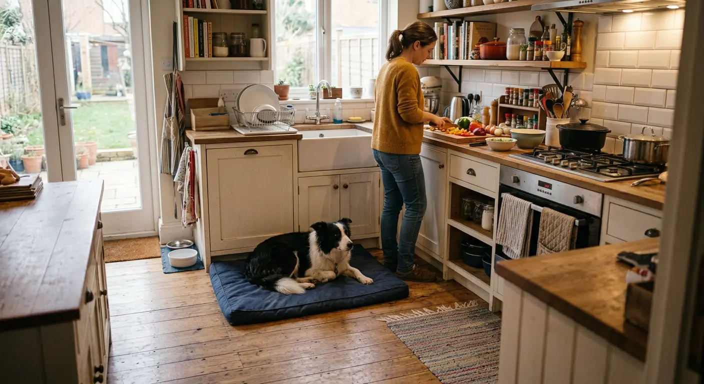 A black-and-white border collie resting calmly on a navy mat in a lived-in kitchen while its owner prepares a meal