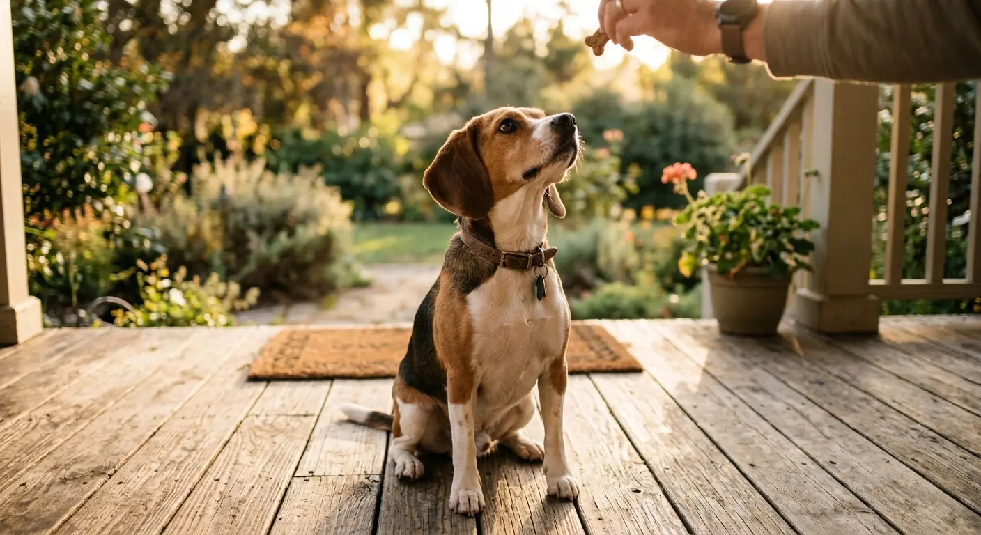 Bir beagle güneşli ahşap bir verandada dikkatle oturmuş, sahibine bakıyor