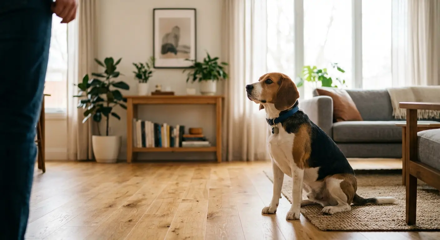 Sahibi birkaç adım geri çekilirken oturur pozisyonda «kal» komutunu tutan sakin bir köpek, oturma odası zemininde
