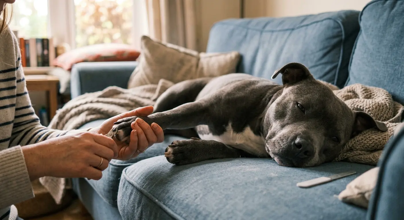 Gri bir Staffordshire bull terrier kanepede rahatça uzanmış, sahibi bir ön patisini nazikçe tutuyor