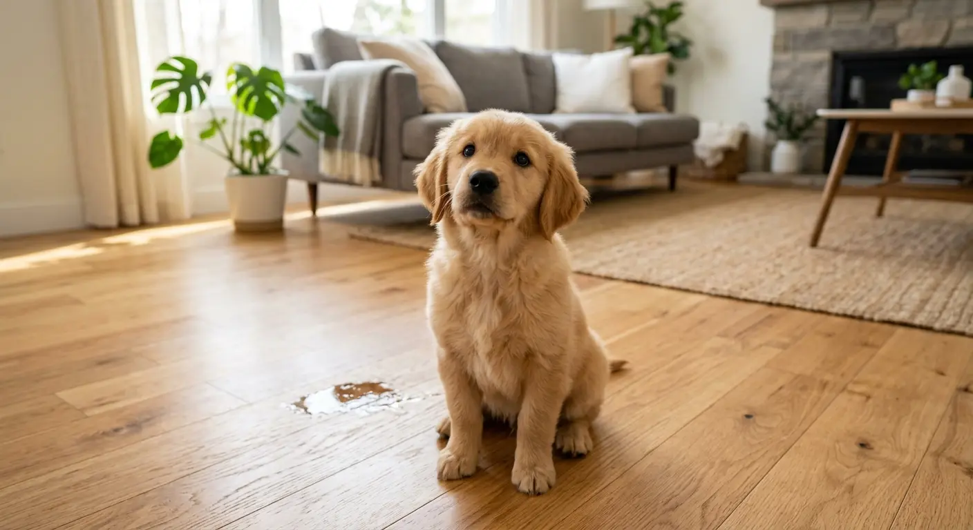Aydınlık bir evde, yerdeki küçük bir kazanın yanında sahibine bakan yavru köpek