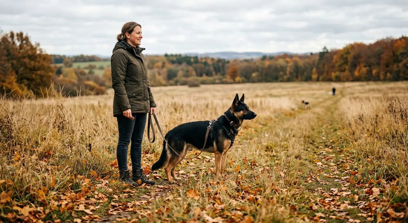 A black-and-tan German shepherd on a loose leash watching another dog at a distance across an autumn field, its owner holding a treat