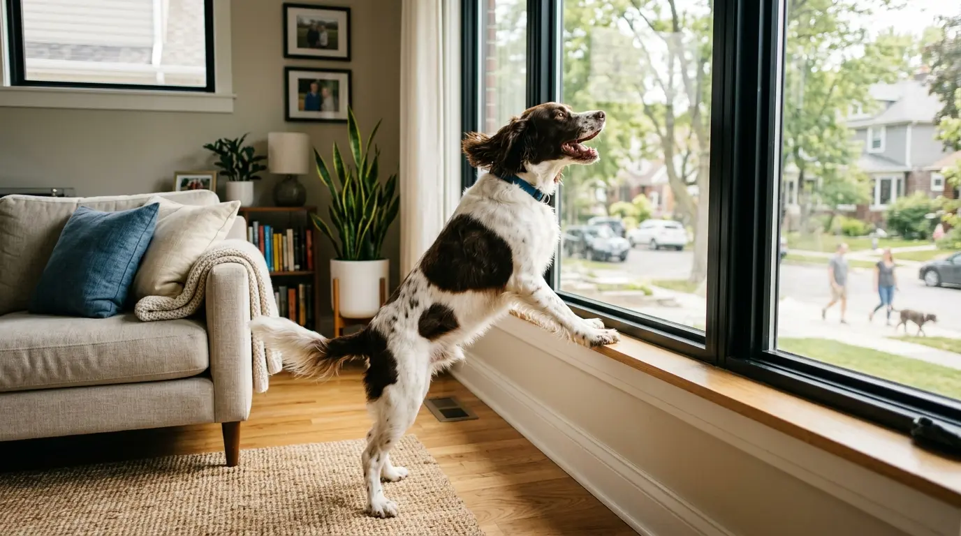 Un perro de tamaño mediano junto a una ventana soleada, con la boca abierta mientras ladra, en un salón ordenado