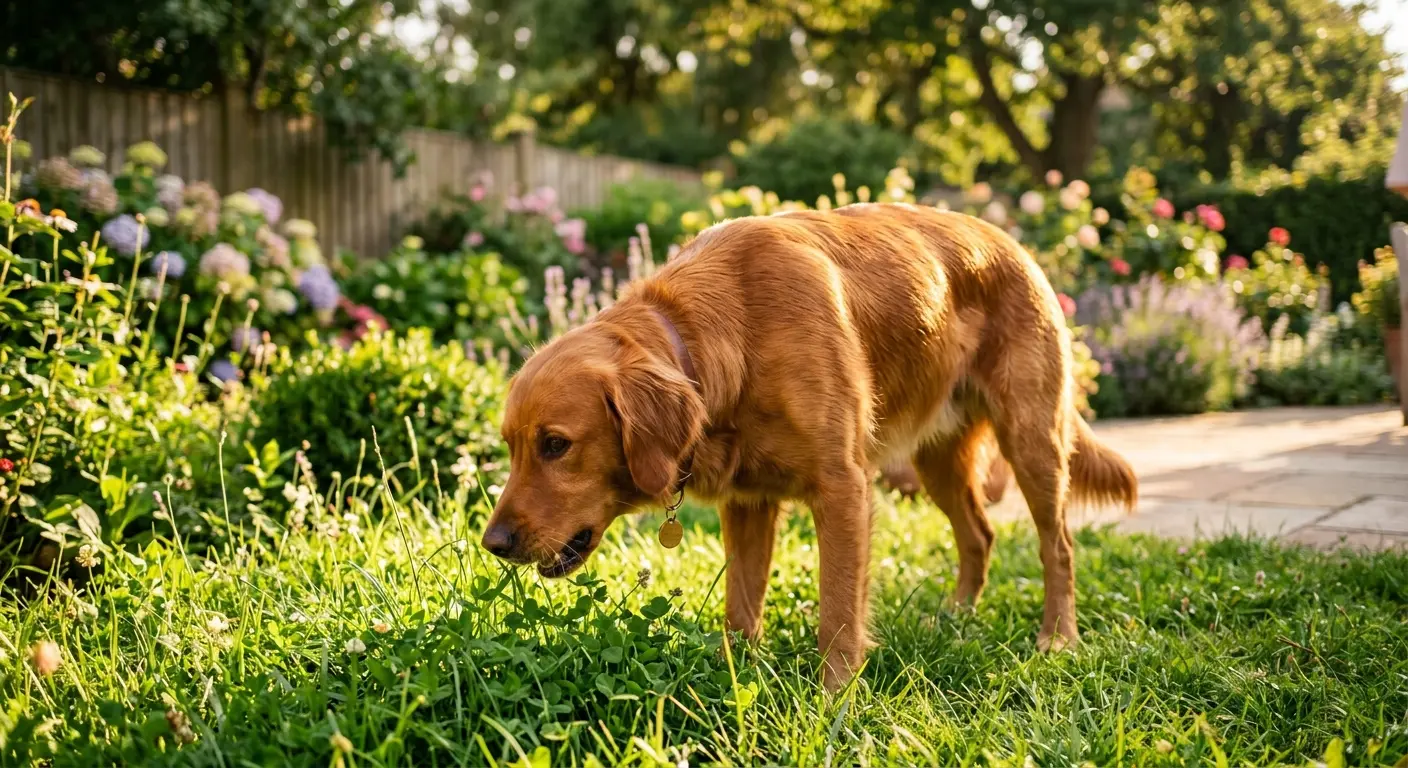 Güneşli bir bahçede otları koklayıp atıştıran rahat bir köpek