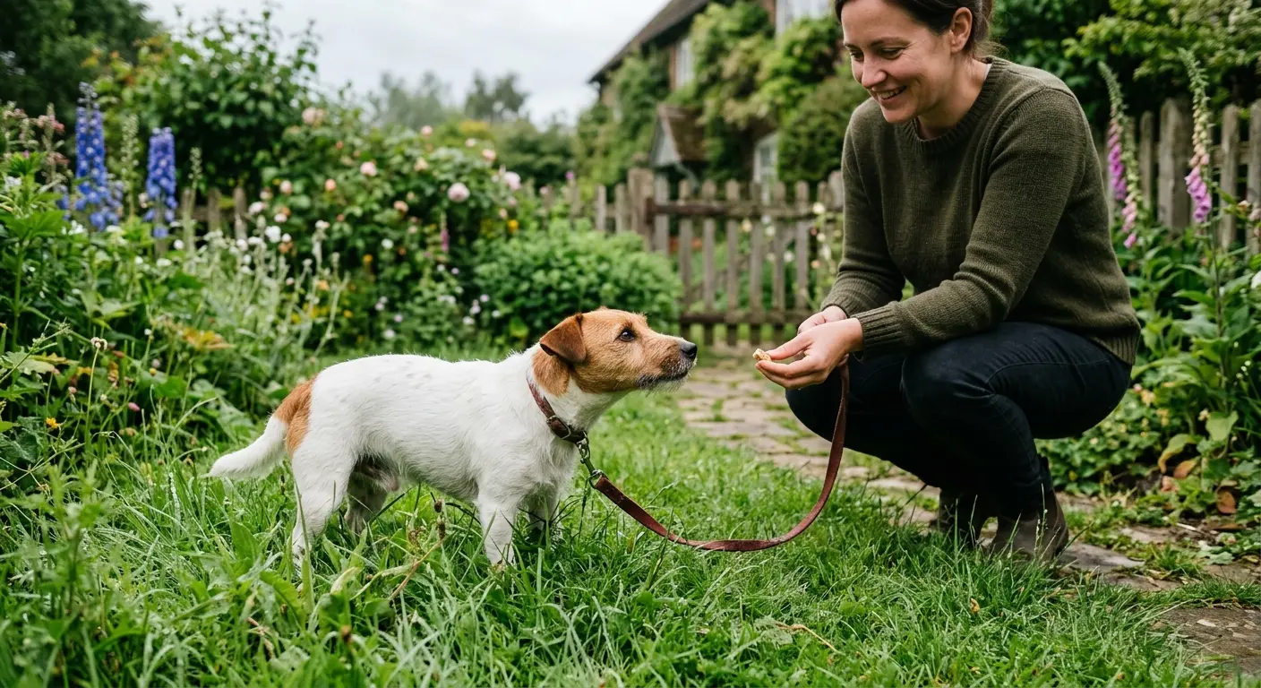 Bir Jack Russell terrier yeşil bir bahçede çimleri koklarken, sahibi yanında bir ödülle çömelirken başını kaldırıp bakıyor