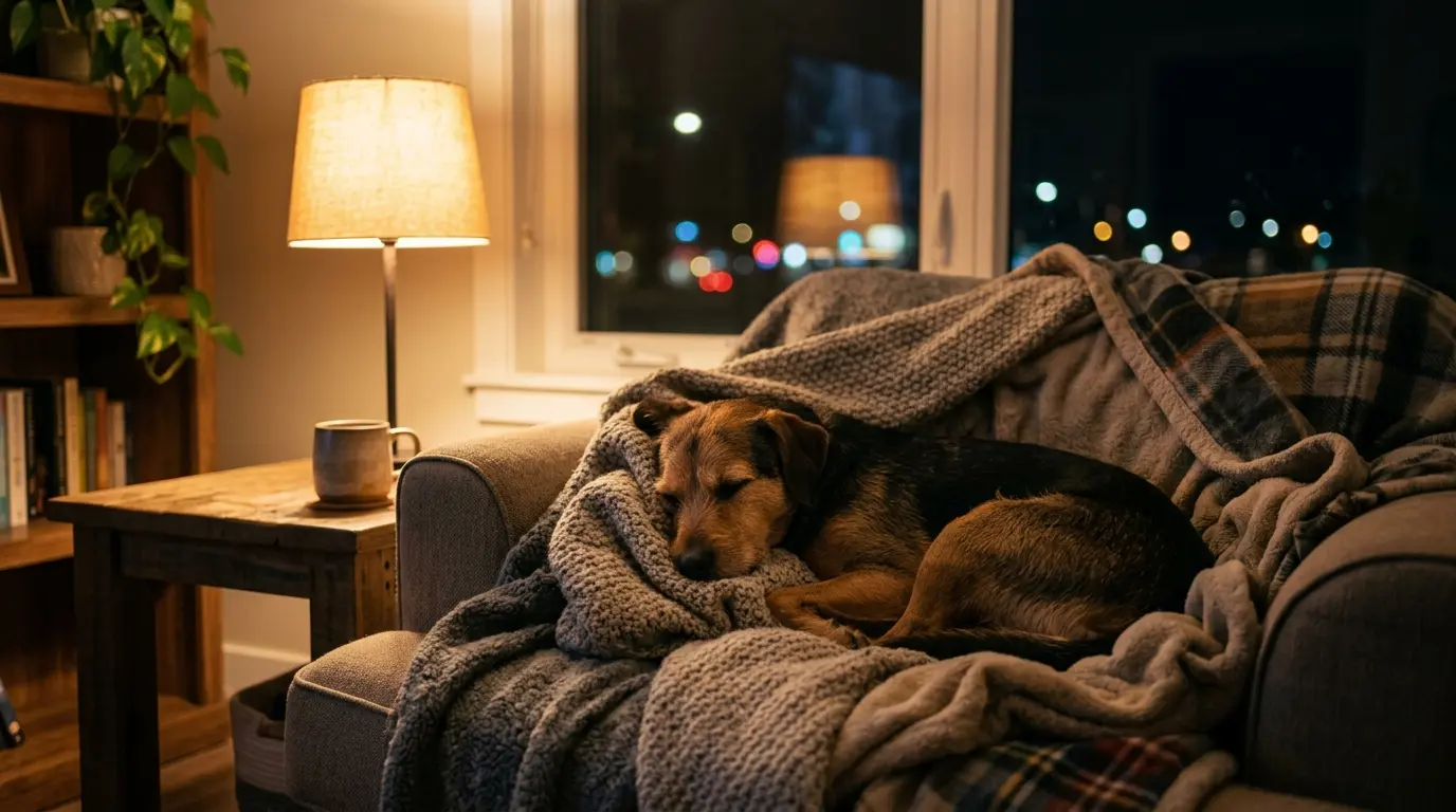 Ein Hund liegt entspannt in einer gemütlichen Deckenhöhle drinnen, während weiches Licht durchs Fenster scheint